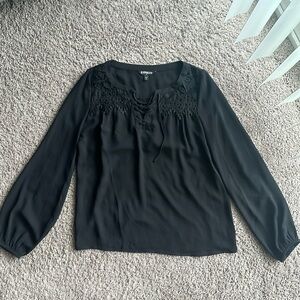 Black blouse with lace detail and tie